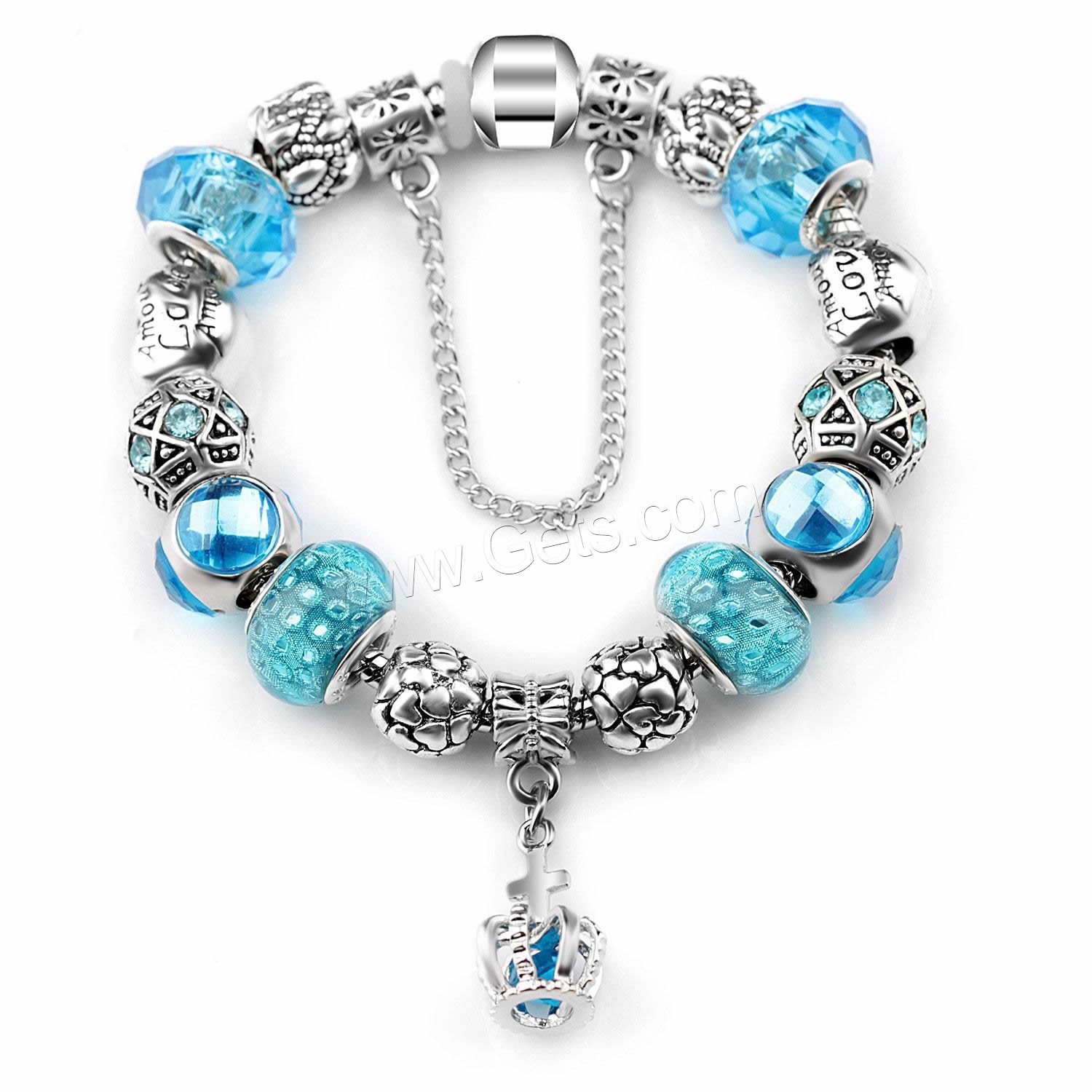 Zinc Alloy European Bracelet, with brass chain & Crystal & Lampwork, plated, With Pendant & different length for choice & snake chain & for woman & enamel & faceted, more colors for choice, Sold By Strand