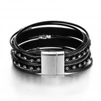 PU Leather Bracelet, with Crystal, zinc alloy magnetic clasp, silver color plated, multilayer & Unisex Approx 8 Inch 