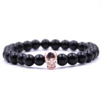 Black Stone Bracelet, with Elastic Thread & Brass, Skull, plated, natural & Unisex & micro pave cubic zirconia 8mm Approx 7.5 Inch 