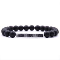 Black Stone Bracelet, with Elastic Thread & Brass, plated, natural & Unisex & micro pave cubic zirconia & frosted 8mm Approx 7.5 Inch 