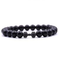 Black Stone Bracelet, with Elastic Thread & Brass, Barbell, plated, natural & Unisex & micro pave cubic zirconia 8mm Approx 7.5 Inch 