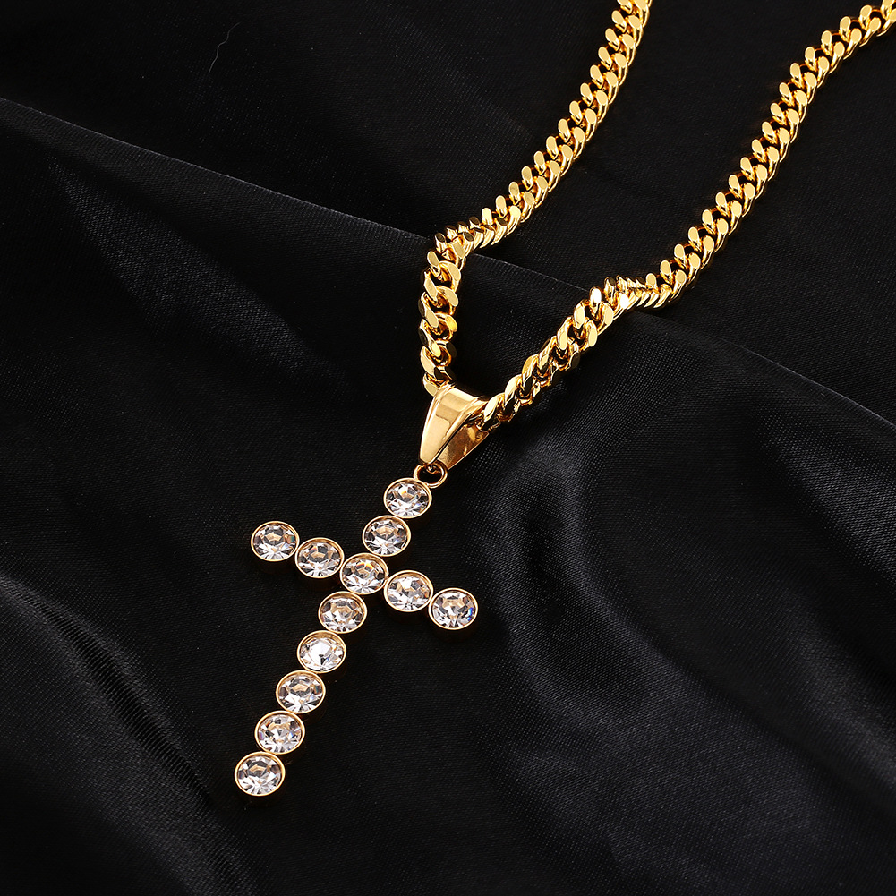Stainless Steel Sweater Chain Necklace, Cross, gold color plated, different size for choice & curb chain & for woman & with rhinestone, Sold By Strand