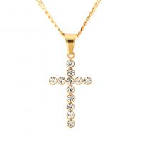 Stainless Steel Sweater Chain Necklace, Cross, gold color plated & curb chain & for woman & with rhinestone 