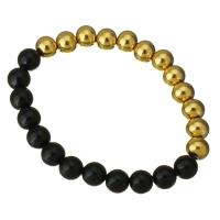 Stainless Steel Bracelet, with Black Agate, Round, gold color plated, for woman 8mm Approx 6 Inch 