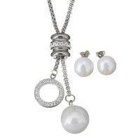 Stainless Steel Jewelry Set, Stud Earring & sweater chain necklace, with Rhinestone Clay Pave & Glass Pearl, adjustable & box chain & for woman, original color  2.5mm, 12mm Approx 23 Inch 