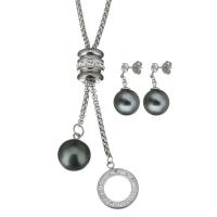 Stainless Steel Jewelry Set, sweater chain necklace & earring, with Rhinestone Clay Pave & Glass Pearl, adjustable & box chain & for woman, original color  2.5mm, 26mm Approx 23 Inch 