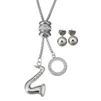 Stainless Steel Jewelry Set, Stud Earring & sweater chain necklace, with Rhinestone Clay Pave, adjustable & box chain & for woman, original color  2.5mm, 8mm Approx 23 Inch 