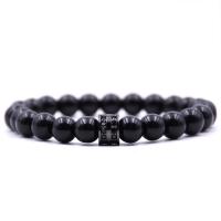 Black Stone Bracelet, with Elastic Thread & Brass, plated, natural & Unisex & micro pave cubic zirconia 8mm Approx 7.5 Inch 