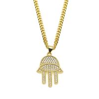 Brass Sweater Chain Necklace, Hamsa, gold color plated, Unisex & curb chain & micro pave cubic zirconia 3mm Approx 24 Inch 