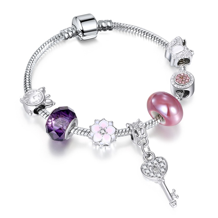 Zinc Alloy European Bracelet, with brass chain & Porcelain & Crystal, Key, plated, charm bracelet & different length for choice & snake chain & with letter pattern & for woman & enamel & faceted, Sold By Strand