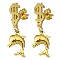 Stainless Steel Drop Earring, Dolphin, gold color plated, for woman, 31mm 
