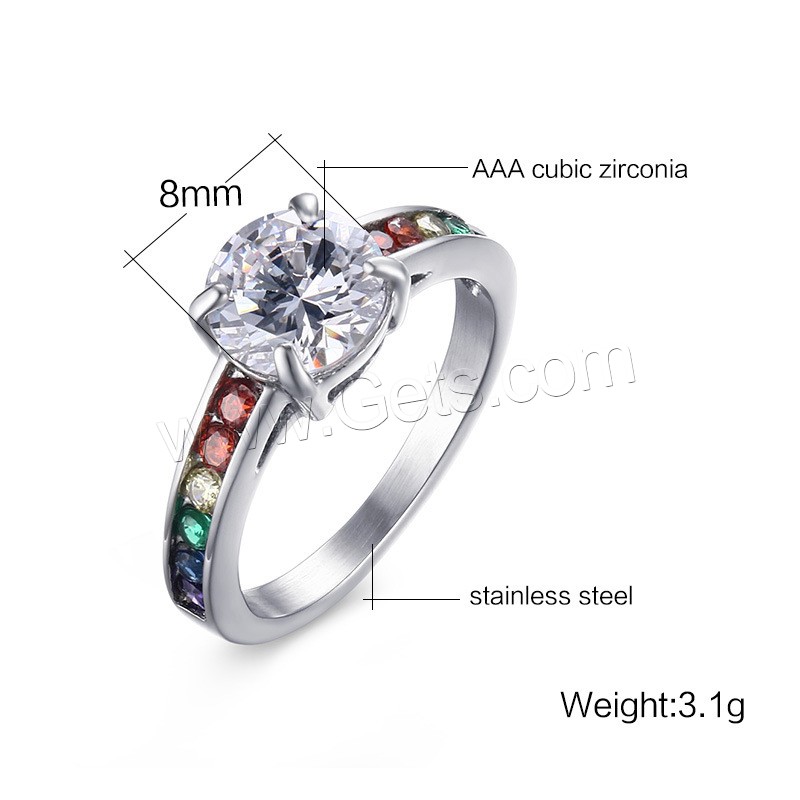 Cubic Zirconia Stainless Steel Finger Ring, plated, different size for choice & for woman & with cubic zirconia, more colors for choice, 8mm, Sold By PC