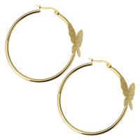 Stainless Steel Hoop Earring, Butterfly, gold color plated, for woman 