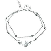 Zinc Alloy Anklet, zinc alloy lobster clasp, with 2inch extender chain, Dolphin, silver color plated, Double Layer & Unisex & twist oval chain, 17mm Approx 7 Inch, Approx  8 Inch 