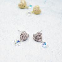 Brass Drop Earring, with Crystal, sterling silver post pin, Heart, plated, micro pave cubic zirconia & for woman 