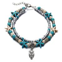 turquoise synthétique bracelet de cheville, avec perles de rocaille en verre & alliage de zinc, avec 2inch chaînes de rallonge, hibou, Plaqué de couleur d'argent, Double couche & pour femme Environ 9 pouce, Vendu par brin
