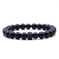 Black Stone Bracelet, with Elastic Thread & Brass, plated, natural & Unisex & micro pave cubic zirconia 8mm Approx 7.5 Inch 