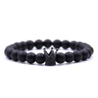 Black Stone Bracelet, with Elastic Thread & Brass, Crown, plated, natural & Unisex & micro pave cubic zirconia & frosted 8mm Approx 7.5 Inch 
