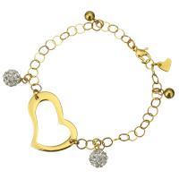Stainless Steel Charm Bracelet, with Rhinestone Clay Pave Bead, Heart, gold color plated, round link chain & for woman  5mm Approx 7.5 Inch 