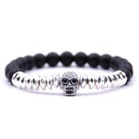 Black Stone Bracelet, with Elastic Thread & Non Magnetic Hematite & Brass, Skull, plated, natural & Unisex & micro pave cubic zirconia 8mm Approx 7.5 Inch 