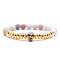 ​Amazonite​ Bracelet, with Elastic Thread & Brass, Skull, plated, natural & Unisex & micro pave cubic zirconia & frosted 8mm Approx 7.5 Inch 