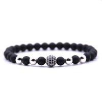 Black Stone Bracelet, with Elastic Thread & Brass, plated, natural & Unisex & micro pave cubic zirconia & frosted 6mm Approx 7.5 Inch 