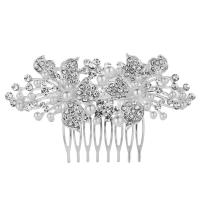 Zinc Alloy Decorative Hair Comb, with Glass Pearl, Flower, silver color plated, for bridal & with rhinestone 