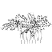 Zinc Alloy Decorative Hair Comb, Flower, silver color plated, for bridal & with rhinestone 