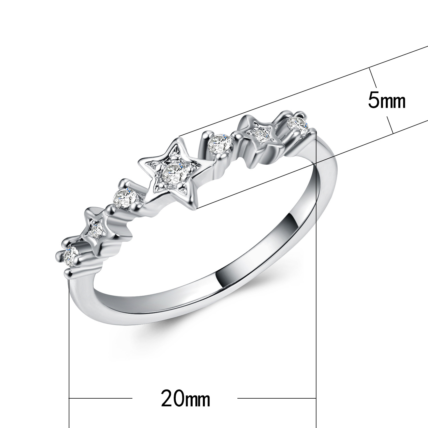 Anilo de dedo de latón, metal, Estrella, chapado en platina real, diverso tamaño para la opción & para mujer & con diamantes de imitación, 5mm, 20mm, Vendido por UD