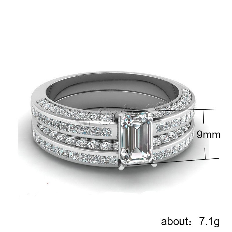 Brass Ring Set, silver color plated, different size for choice & for woman & with cubic zirconia, 9mm, 2PCs/Set, Sold By Set