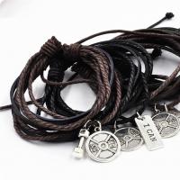 PU Leather Bracelet, with Waxed Nylon Cord, silver color plated, Unisex & adjustable & multi-strand Approx 7.4 Inch 