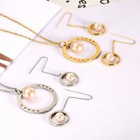 Stainless Steel Jewelry Set, earring & necklace, with ABS Plastic Pearl, with 5cm extender chain, Round, plated, oval chain & for woman Approx 17.7 Inch 