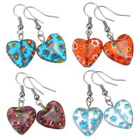 Brass Drop Earring, with Lampwork, Heart, silver color plated, for woman 36mm 