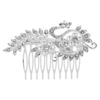 Zinc Alloy Decorative Hair Comb, with Glass Pearl, Leaf, silver color plated, for bridal & with rhinestone 