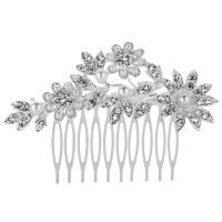 Zinc Alloy Decorative Hair Comb, with Glass Pearl, Flower, silver color plated, for bridal & with rhinestone 