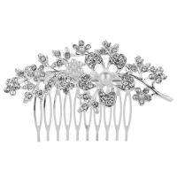 Zinc Alloy Decorative Hair Comb, with Glass Pearl, Leaf, silver color plated, for bridal & with rhinestone 