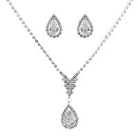 цинковый сплав Свадебный комплект, серьги & ожерелье, с Кристаллы, с 4Inch наполнитель цепи, Каплевидная форма, плакирован серебром, Для Bridal & граненый длина:Приблизительно 17.7 дюймовый, продается указан