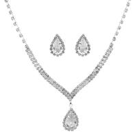 Zinc Alloy Wedding Set, earring & necklace, with Crystal, with 4Inch extender chain, Teardrop, silver color plated, for bridal & faceted Approx 17.7 Inch 