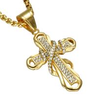 Titanium Steel Necklace, Cross, gold color plated, Unisex & box chain & with rhinestone Approx 22 Inch 