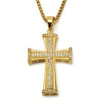 Titanium Steel Necklace, Cross, gold color plated, Unisex & box chain & with rhinestone Approx 22 Inch 