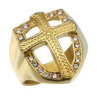 Titanium Steel Finger Ring, Shield, gold color plated & for man & with rhinestone, 22mm 