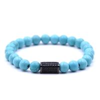 Synthetic Turquoise Bracelet, with Elastic Thread & Brass, plated, Unisex & micro pave cubic zirconia 8mm Approx 7.5 Inch 