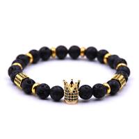 Lava Bracelet, with Elastic Thread & Brass, Crown, plated, natural & Unisex & micro pave cubic zirconia 8mm Approx 7.5 Inch 