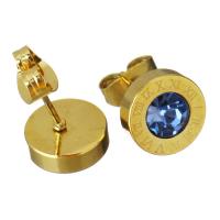 Stainless Steel Stud Earring, with Crystal, Flat Round, gold color plated, with roman number & for woman & faceted, 9mm 