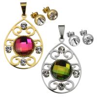 Stainless Steel Jewelry Set, pendant & earring, with Crystal, Teardrop, plated, for woman & faceted 8mm Approx 