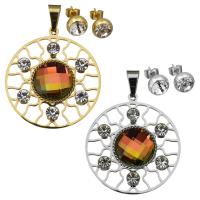 Stainless Steel Jewelry Set, pendant & earring, with Crystal, Flat Oval, plated, for woman & faceted 8mm Approx 