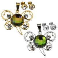 Stainless Steel Jewelry Set, pendant & earring, with Crystal, Butterfly, plated, for woman & faceted 8mm Approx 