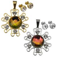Stainless Steel Jewelry Set, pendant & earring, with Crystal, Flower, plated, for woman & faceted 8mm Approx 