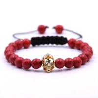 Gemstone Woven Ball Bracelets, with Nylon Cord & Brass, Skull, gold color plated, natural & Unisex & adjustable & micro pave cubic zirconia Inch 