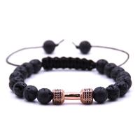 Gemstone Woven Ball Bracelets, with Nylon Cord & Brass, Barbell, rose gold color plated, natural & Unisex & adjustable & micro pave cubic zirconia, 8mm Inch 